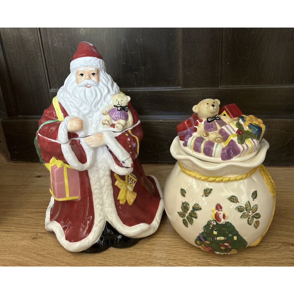 Spode set of 2 Father Christmas Cookie Jar Toy Bag Candy Dish Christmas’s Tree
